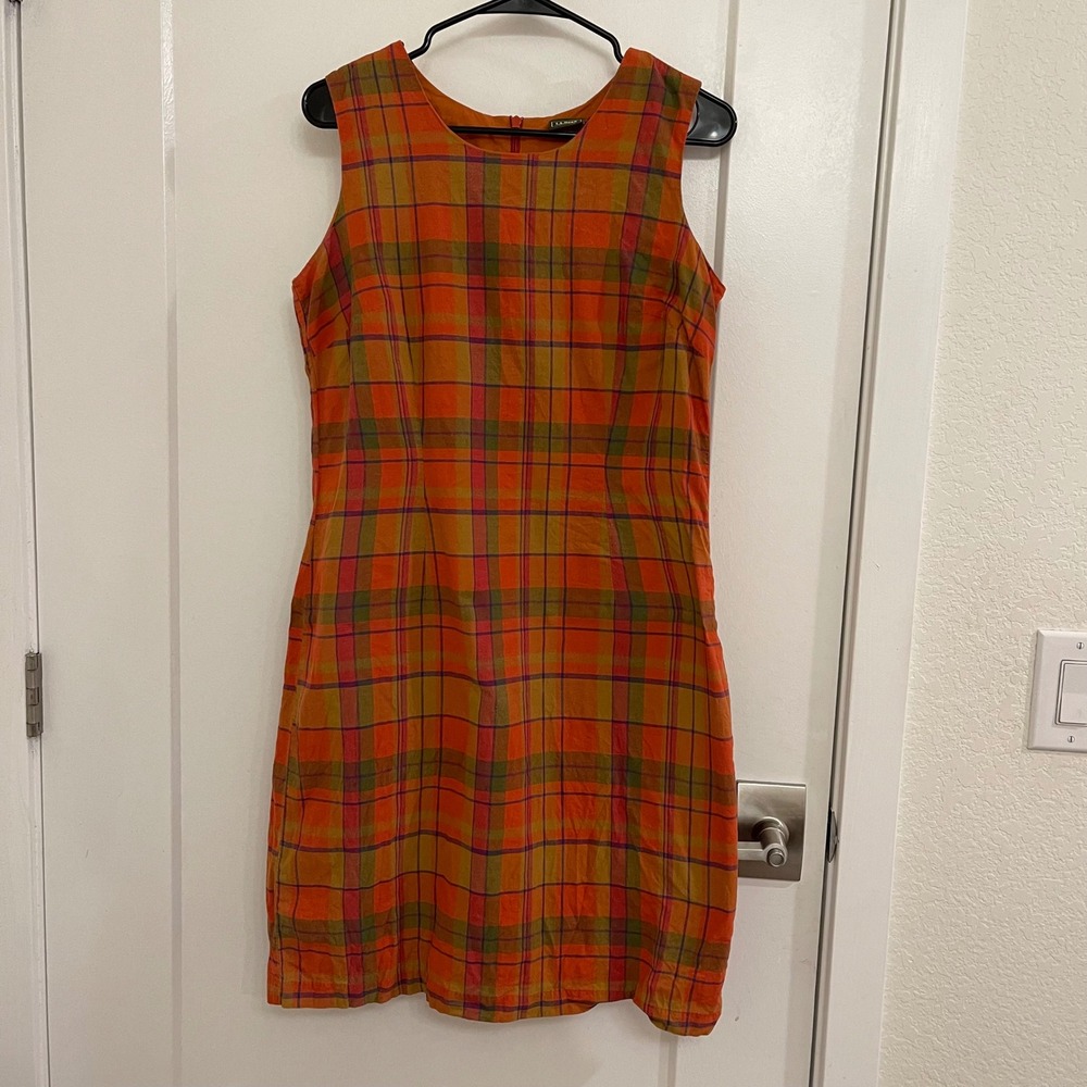 LL Bean Tartan Plaid Orange Fall Mini Dress Retro 70s Style Chic Trendy Cotton